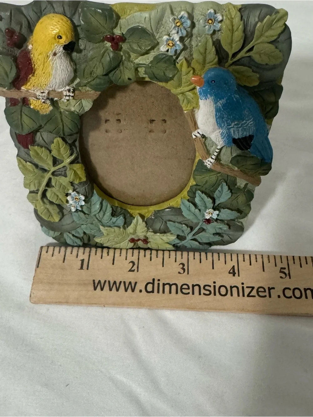 Vintage Green Leaf Picture Frame with Blue and Yellow Birds Ceramic Colorful